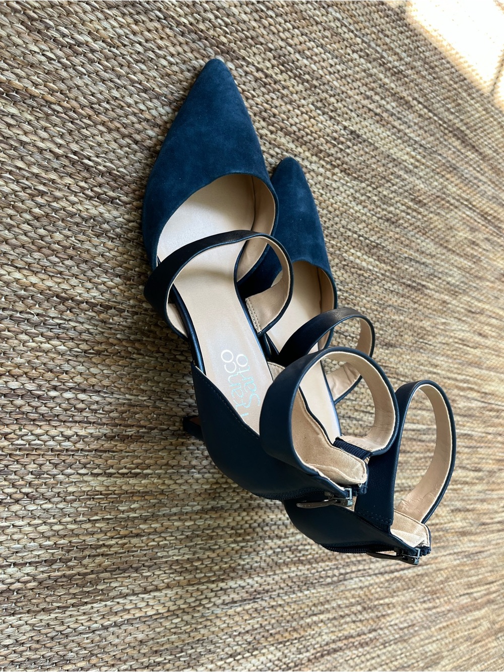 Franco Sarto Navy Suede Pointed-Toe Ankle-Strap Heels - Picture 2 of 6